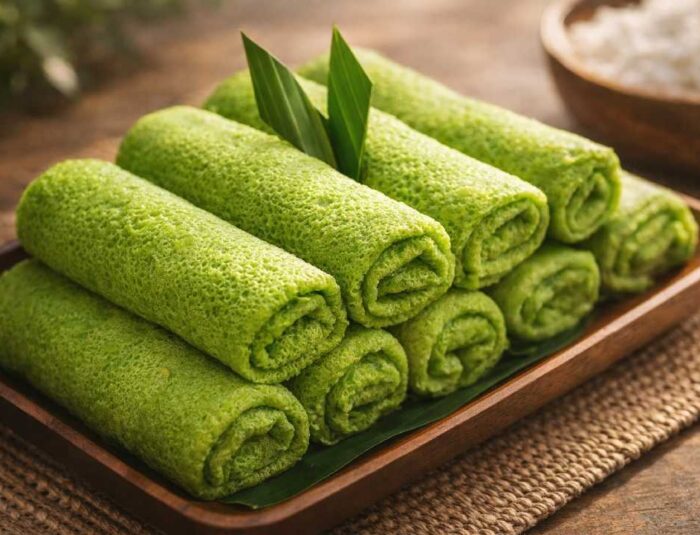 Dadar Gulung Pandan dengan Isian Kelapa Parut dan Gula Merah yang Manis Gurih
