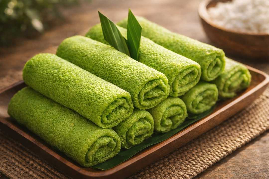 Dadar Gulung Pandan dengan Isian Kelapa Parut dan Gula Merah yang Manis Gurih
