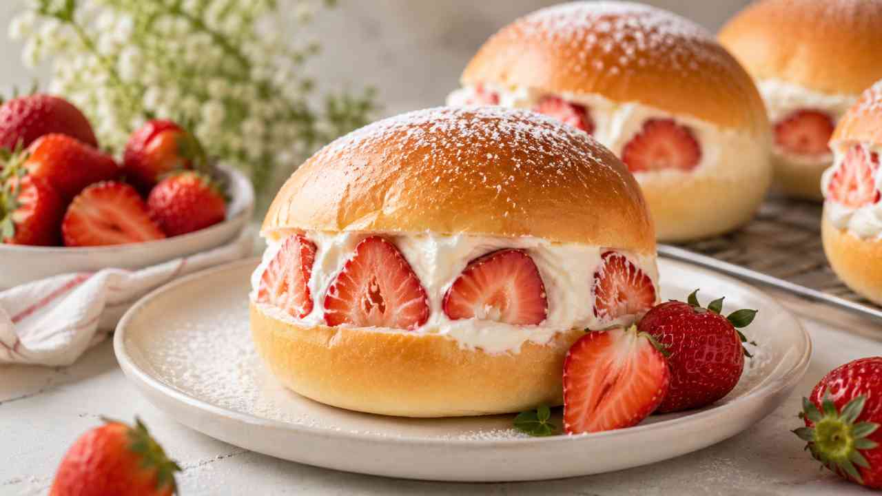 Strawberry Milk Bun, Roti Lembut Berisi Krim Susu dan Stroberi Segar